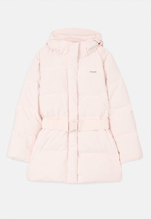 Padded pink jacket with a high collar, adjustable hood, belted waist, and subtle logo detail. Smooth, lightweight fabric with a quilted design.
