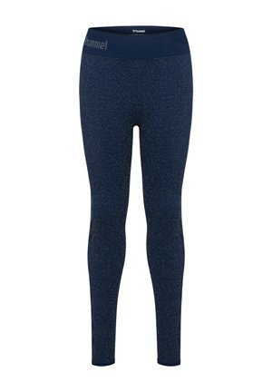 Legginsy w kolorze ciemnoniebieskim, na pełną długość, z subtelnym wzorem w kropki i szerokim elastycznym pasem z nazwą marki "Hummel."