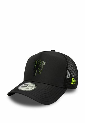 Black baseball cap with a mesh back, featuring a neon green graphic design. Adjustable fit with a curved brim and logo tag on the side.