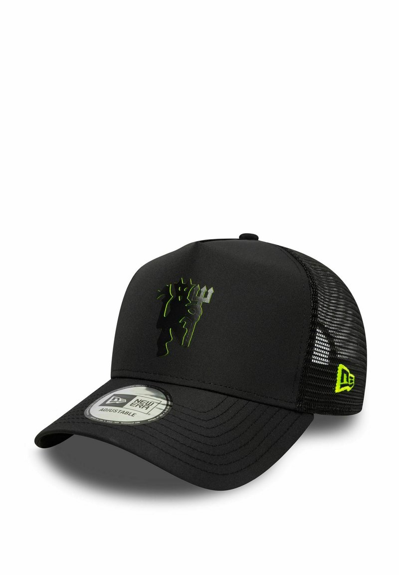 Schwarze Baseballmütze mit Netzrücken, ausgestattet mit einem leuchtend grünen Grafikdesign. Verstellbare Passform mit einem gebogenen Schirm und einem Logotag an der Seite.