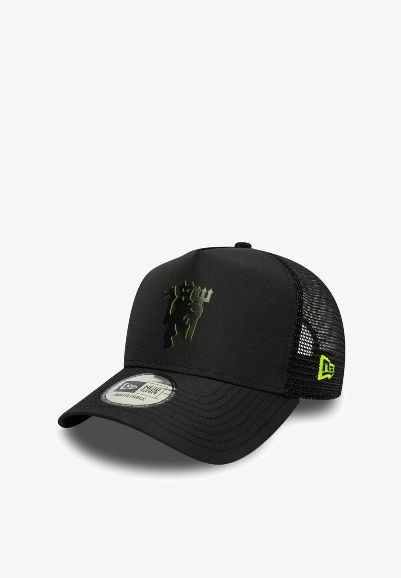 Schwarze Baseballmütze mit Netzrücken, ausgestattet mit einem leuchtend grünen Grafikdesign. Verstellbare Passform mit einem gebogenen Schirm und einem Logotag an der Seite.