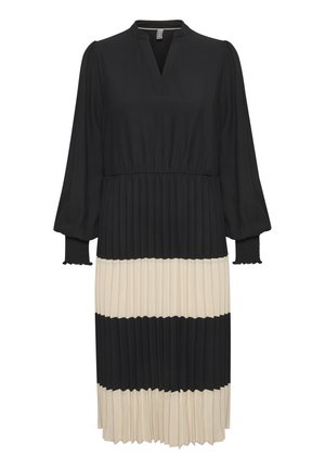Black and cream pleated dress with a V-neck, long puff sleeves, and a fitted waist. Features alternating solid and pleated panels.
