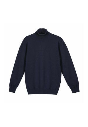 Pull manches longues bleu marine avec col rond haut et poignets et ourlet côtelés, présenté sur un fond blanc.