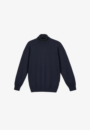 Pull manches longues bleu marine avec col rond haut et poignets et ourlet côtelés, présenté sur un fond blanc.