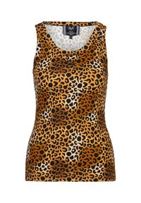 Luipaardprint tanktop gemaakt van ribbelstof met een ronde halslijn en een aansluitende pasvorm in bruin- en zwarttinten.