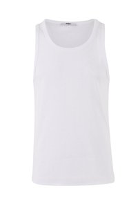 Balta kokvilnas tank tops ar ribotu tekstūru, ar apaļu kakla izgriezumu un bez piedurknēm, paredzēts ikdienas valkāšanai.