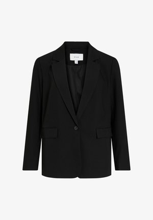 Juodas moteriškas švarkas su viena saga, su išpjautomis atlapais, kišenėmis su skląsčiais, ilgomis rankovėmis ir lygiu vidiniu pamušalu.