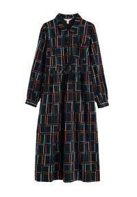Haljina dugih rukava sa dugmadi koja ima tamni karirani uzorak s više boja. Mekana tkanina, ovratnik, i naglašeni struk.