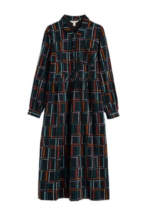 Ilgi piedurkņu, pogājams kleitas modelis ar tumšu šaha rakstu un daudzkrāsainām svītrām. Mīksts audums, apkakles izgriezums un savilkti gurni.