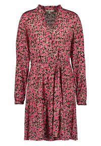 Abito a stampa floreale in tonalità di rosa, nero e beige, con scollo a V, maniche lunghe, vita cinte e gonna svasata.