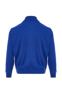 Blaues Sweatshirt mit hohem Kragen, weichem Material, gerippten Bündchen und Saum, entworfen mit einer lockeren Passform und glatter Oberfläche.