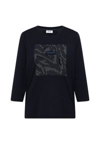 T-shirt à manches longues bleu marine avec un col rond, arborant un design géométrique perforé et le texte "CLARTÉ D'ESPRIT" en bleu clair au centre.