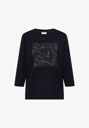 Dunkelblaues Langarm-T-Shirt mit Rundhalsausschnitt, das ein durchbrochenes geometrisches Design und den Text "CLEAR MIND" in Hellblau in der Mitte aufweist.