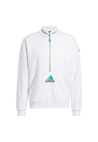Felpa bianca in pile con colletto a mezza zip, dettagli turchesi, logo Adidas ricamato, tasca a marsupio e polsini a coste.