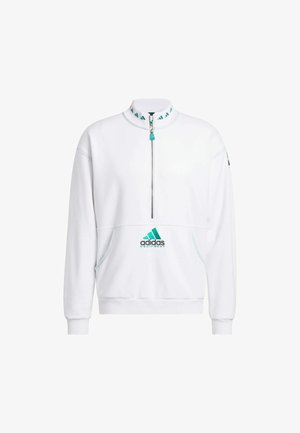 Witte fleece sweatshirt met een halve rits kraag, teal accenten, geborduurd Adidas-logo, kenguruzak en geribbelde mouwen.