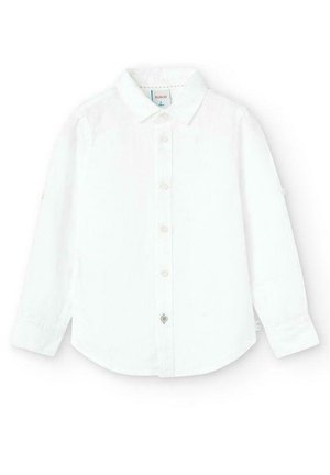 Biała koszula z długim rękawem wykonana z gładkiej tkaniny, z klasycznym kołnierzykiem, zapinana na guziki z przodu oraz zaokrąglonym dołem. Subtelne detale przeszyć.
