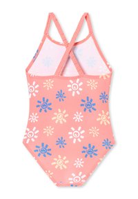 Bañador de una pieza rosa con tirantes cruzados, que presenta un colorido patrón de sol en azul, blanco y amarillo. Textura de tela suave.