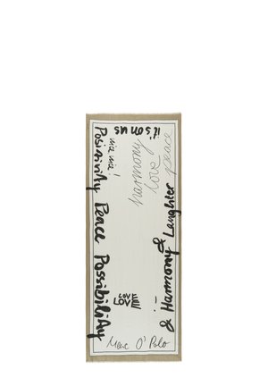Textile product features a cream background with black handwritten-style text. Fringed edges, featuring positive words and phrases.