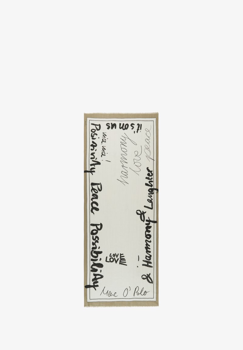 Textile product features a cream background with black handwritten-style text. Fringed edges, featuring positive words and phrases.