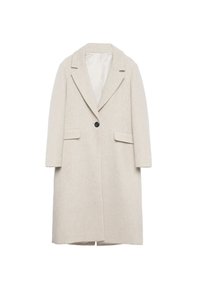 Abrigo mezcla de lana beige con cuello con muesca, cierre de un solo botón y dos bolsillos frontales. Forro interior suave, diseño hasta la rodilla.