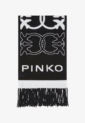 Écharpe tricotée en noir et blanc avec franges, présentant un motif d'oiseau symétrique et le texte "PINKO" en lettres blanches épaisses.