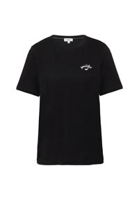 Zwarte katoenen T-shirt met korte mouwen, v-hals ontwerp, met witte geborduurde tekst "beautiful" op de linkerkant van de borst.
