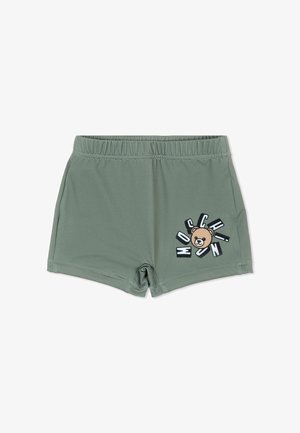 Pantaloncini verdi per bambini piccoli con cintura elastica e faccia di orso stampata circondata da lettere sparse sulla gamba destra.