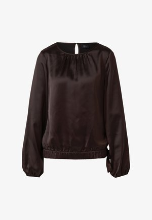 Dark brown satin long-sleeve blouse with gathered neckline, elastic hem, and keyhole button closure at the back.