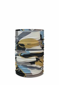 Multifunctional Buff neck scarf in fabric with abstract geometric patterns in blue, gray, black, and gold. Smooth texture, cylindrical shape.