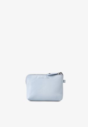 Small light blue leather zippered pouch with embossed brand name and a zipper pull tab on a white background.