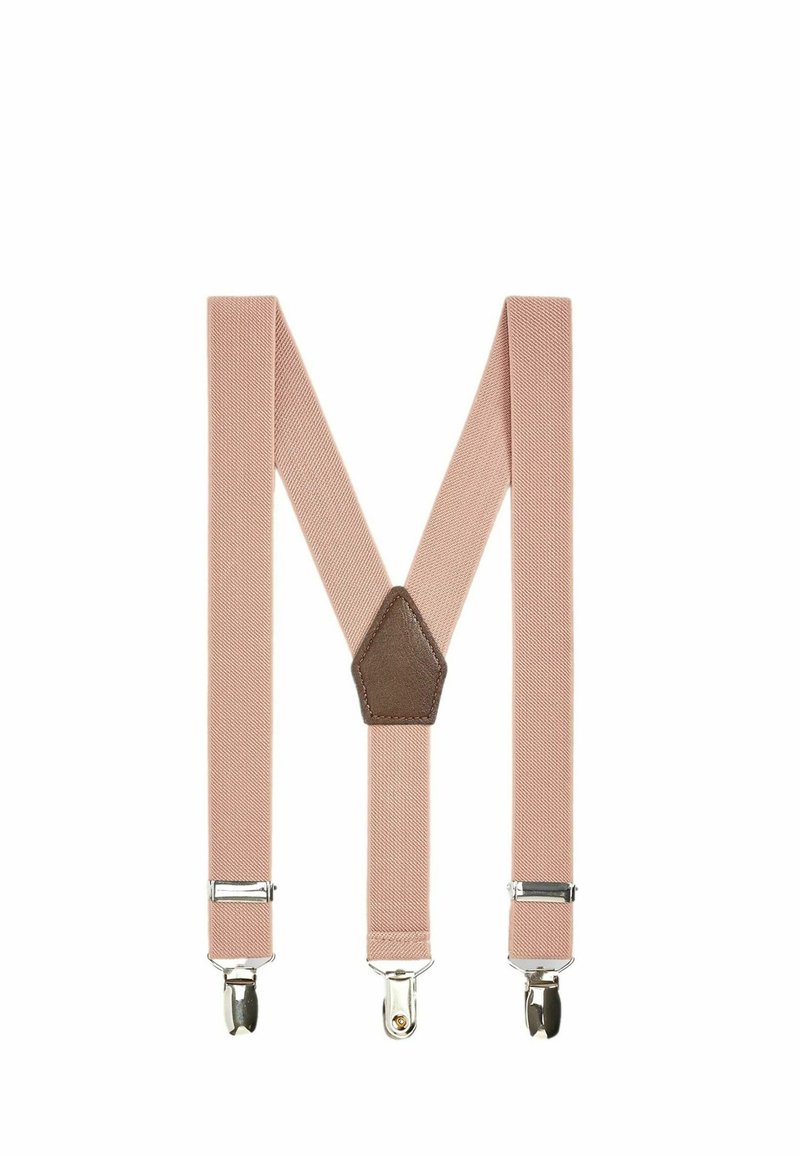 Bretelles en coton rose avec des clips métalliques argentés, présentant un dos en cuir marron pour le renforcement. Design plat avec une texture lisse.