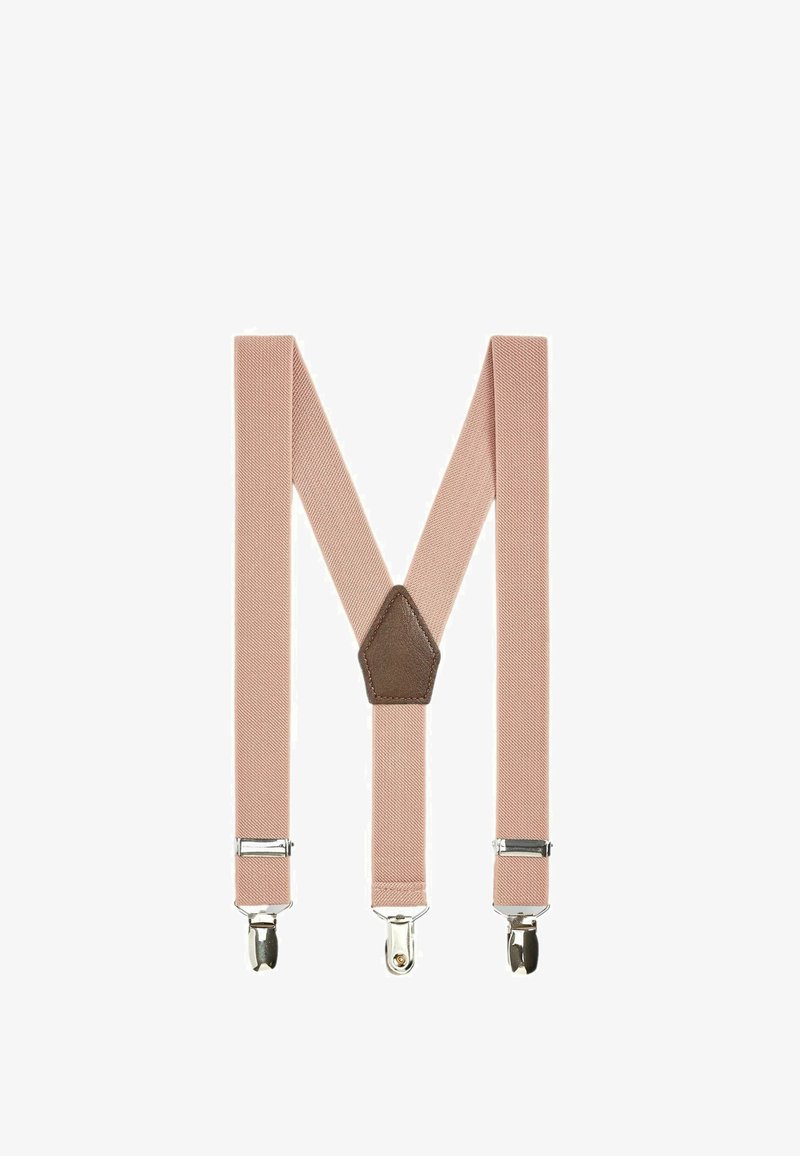 Bretelles en coton rose avec des clips métalliques argentés, présentant un dos en cuir marron pour le renforcement. Design plat avec une texture lisse.