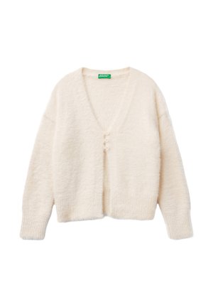 Cardigan color crema realizzato in materiale morbido e soffice. Presenta un profondo scollo a V, quattro bottoni frontali e polsini e orlo a costine.