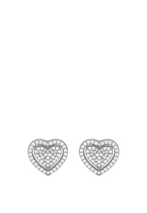 Pair of silver heart-shaped earrings with two rows of small sparkling clear gemstones arranged around and inside each heart.