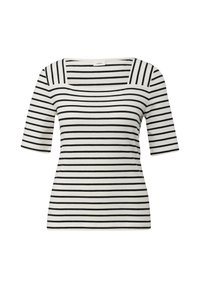 Gestreepte t-shirt met een vierkante halslijn, met horizontale zwarte strepen op een witte achtergrond. Gemaakt van een zachte, rekbare stof. Korte mouwen.