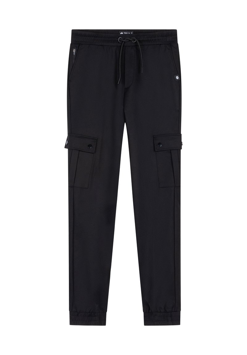 Schwarze Cargo-Hosen mit elastischem Bund, Kordelzug, Seitentaschen und Druckknopfklappen an den Oberschenkeltaschen. Glatte Textur.