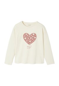 Helles cremefarbene Langarm-T-Shirt mit einem großen rosa Herzgrafik und kleineren Herzen, der Text lautet "Liebe ist Magie", aus Baumwollmaterial.