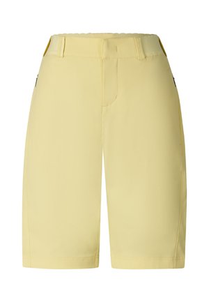 Lysegule knælange shorts med bæltestropper og sidelommer med lynlås, vist på en ensfarvet hvid baggrund.