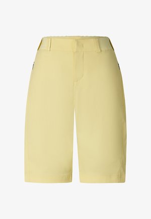 Lichtgele knielange korte broek met riemlussen en zijzakken met rits, weergegeven op een effen witte achtergrond.