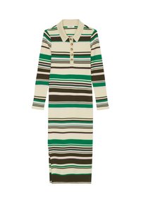 Długo rękawowa sukienka z prążkowanego materiału z kołnierzykiem, w poziome paski w kolorze kremowym, zielonym, brązowym i różowym. Zapięcie na pięć guzików, rozcięcie po bokach.