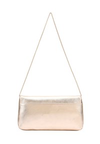 Metallic gold clutch bag with a smooth texture, flat rectangular shape, top zipper closure, and a thin, chain strap.