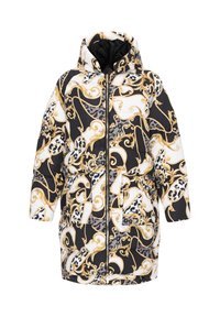 Gewatteerde zwart-witte jas met een gouden en luipaardprintpatroon, voorzien van een capuchon, een rits aan de voorkant en een elastische taille voor een verstelbare pasvorm.