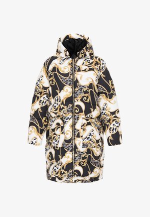 Pohodlný černobílý kabát s prošíváním a vzorem v barvě zlata a leopardího tisku, má kapuci, přední zip a elastický pas pro nastavitelné nošení.