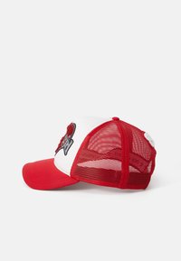 Red and white cap with a structured front, mesh rear, curved brim, and an embroidered design on the front panel.