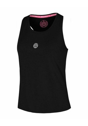 Black sleeveless athletic tank top with small white circular logo on chest and pink printed inner neckband.