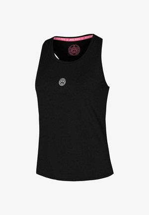 Débardeur athlétique noir sans manches avec petit logo circulaire blanc sur la poitrine et bande intérieure d'encolure rose imprimée.