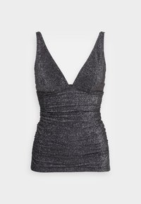 Haut sans manches noir brillant avec un décolleté en V profond et une texture froncée, présentant un design ajusté qui met en valeur la silhouette.