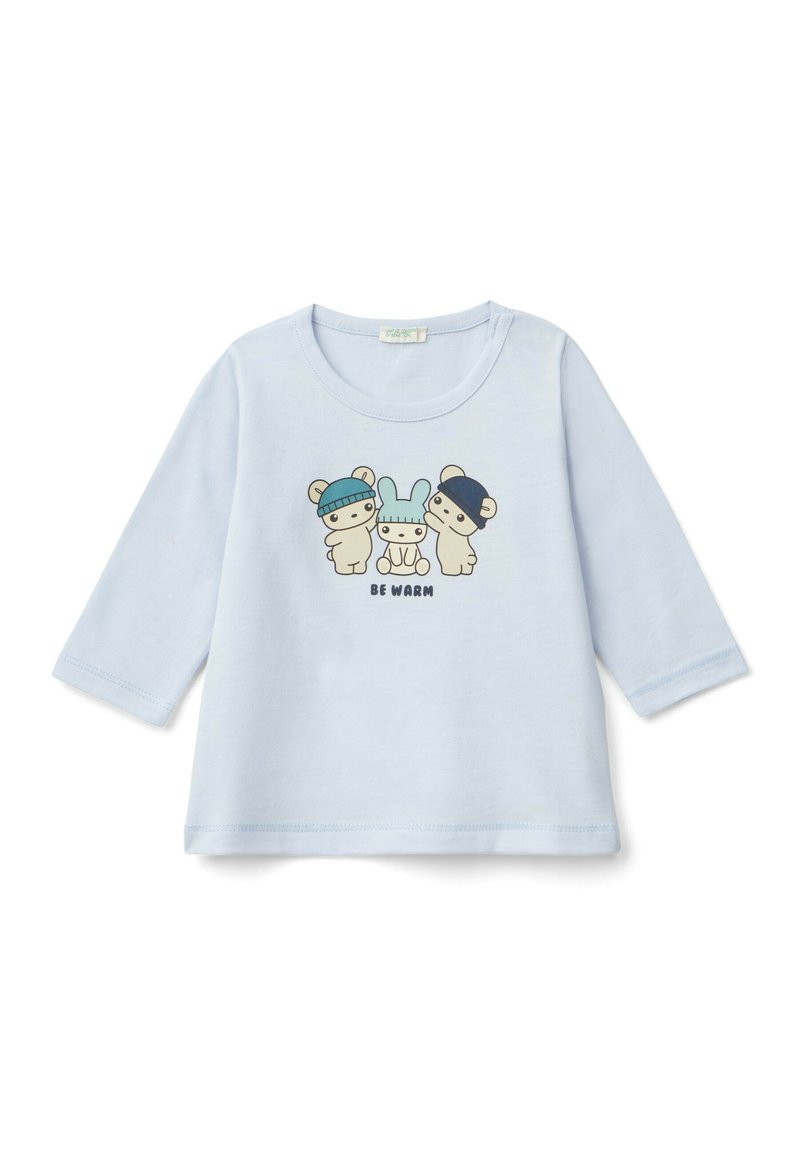 Jasnoniebieska bluza z długim rękawem, wykonana z miękkiego materiału, z zabawną grafiką przedstawiającą trzy zwierzęta w czapeczkach oraz napisem "BĄDŹ CIEPŁY" poniżej.