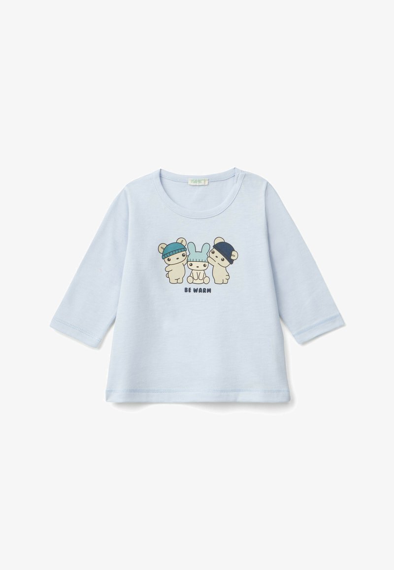 Jasnoniebieska bluza z długim rękawem, wykonana z miękkiego materiału, z zabawną grafiką przedstawiającą trzy zwierzęta w czapeczkach oraz napisem "BĄDŹ CIEPŁY" poniżej.