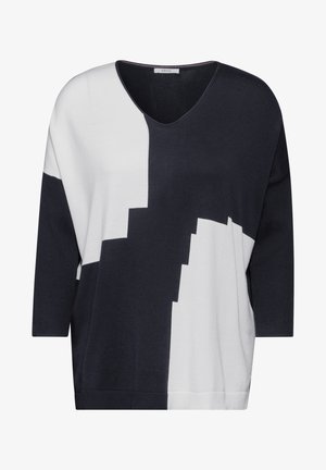 Navy en witte V-hals pullover trui, met een geometrisch kleurblokontwerp, ¾ mouwen en een zachte, textuurgebreide stof.